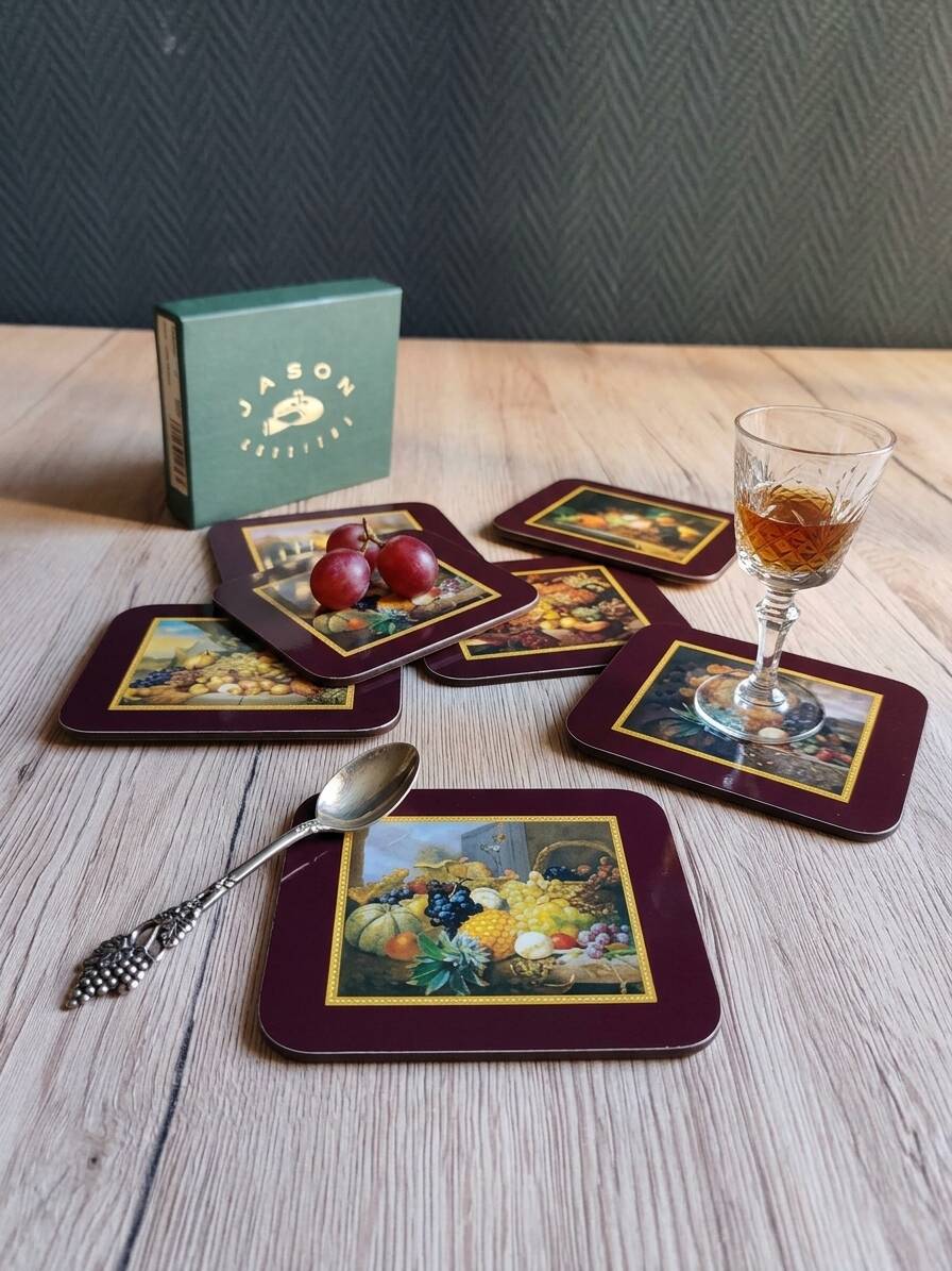 Set of 6 vintage Jason "Still Life Fruit" coasters, cork and durable.