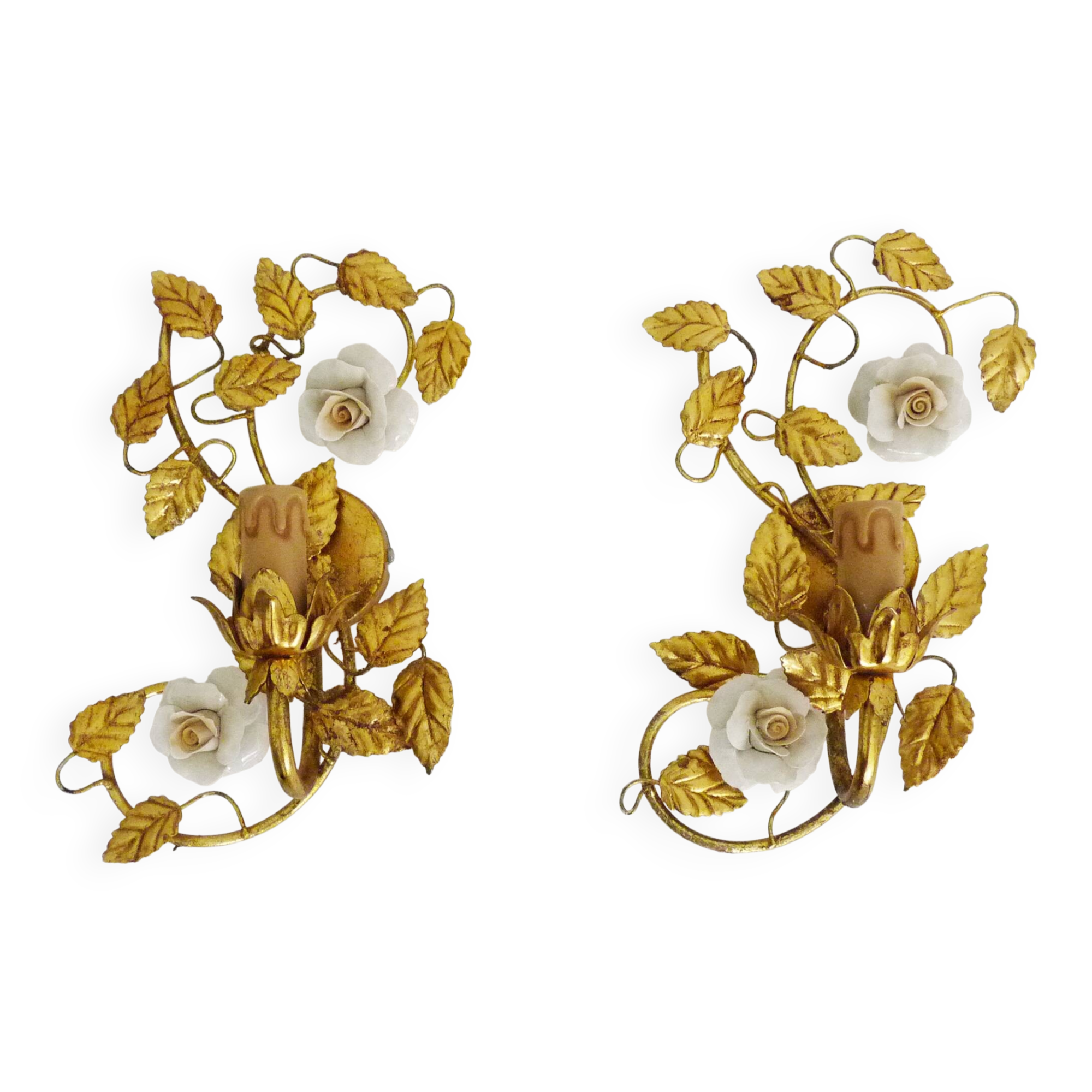Paire d'appliques murales italienne feuillage doré à la feuille d'or, années 70-80