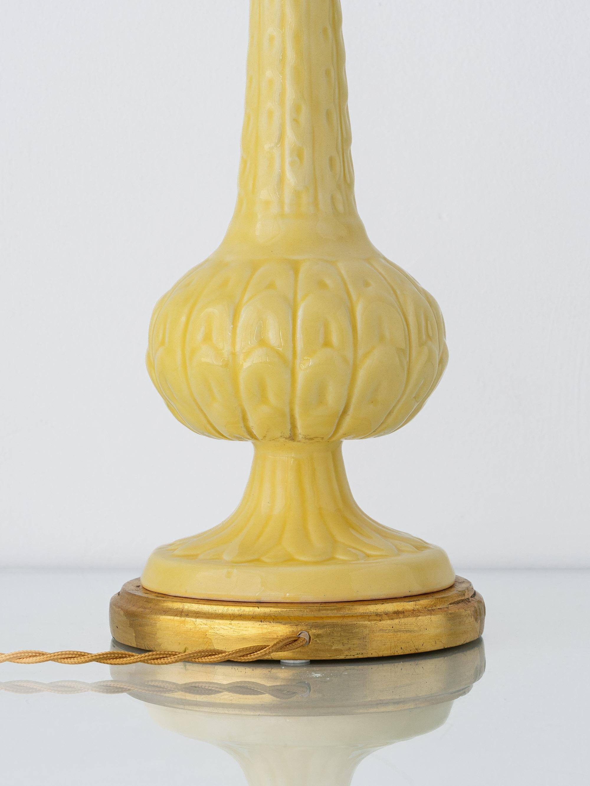 Lampe de table en céramique jaune espagnole, années 1960, abat-jour Liberty London rétro neuf