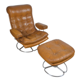 Fauteuil pivotant et son ottoman en cuir