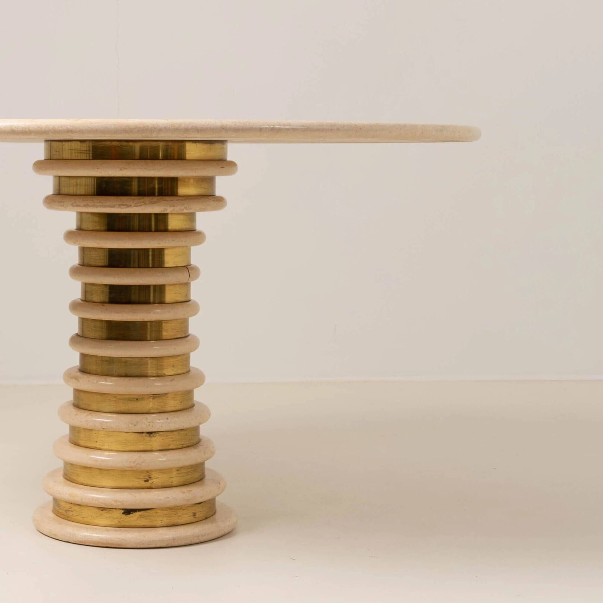 Italian Travertine and Brass Pedestal Dining Table Attributed to Marzio Cecchi for Studio Most, Italy,