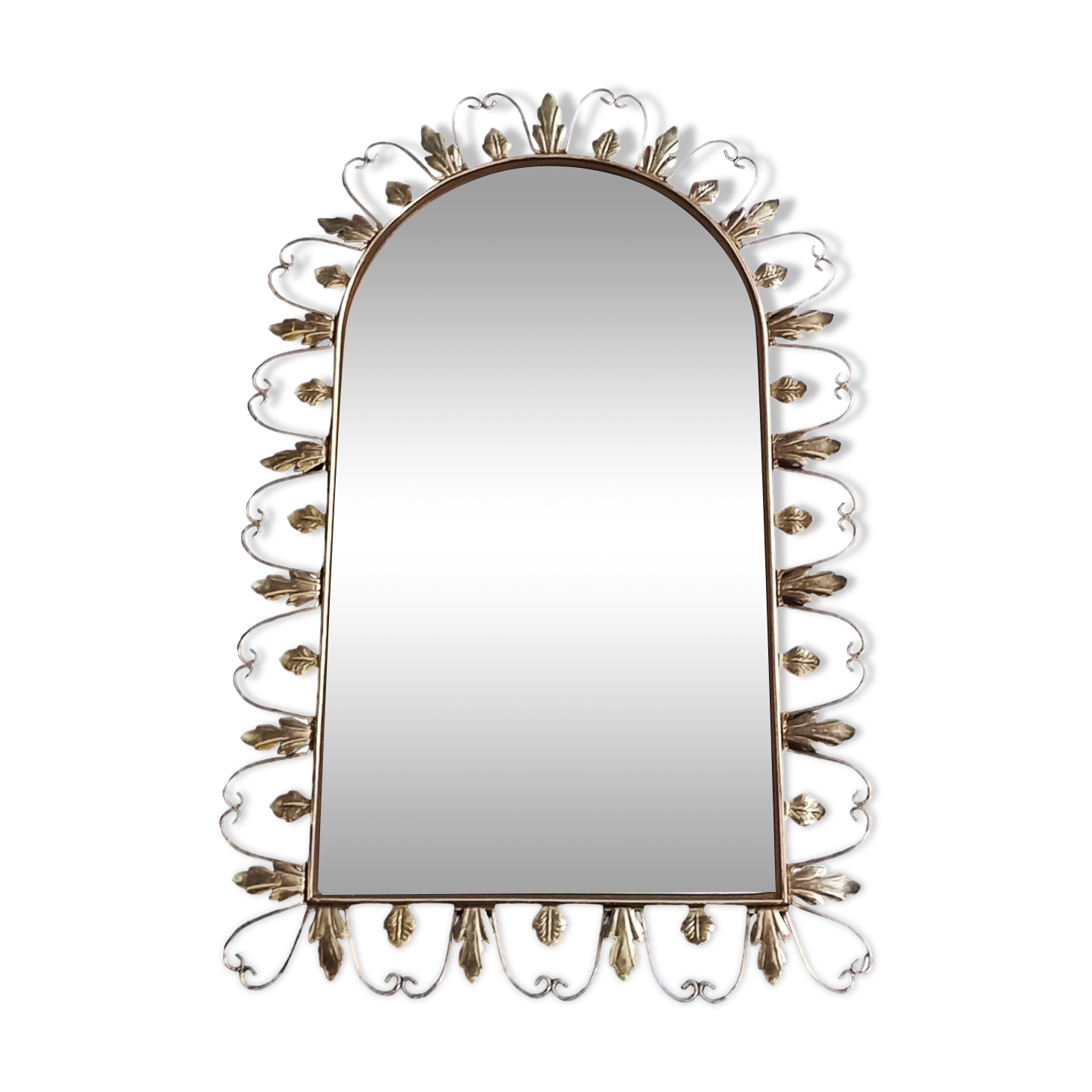 Large arched mirror with acanthus leaves and scrolls in gold metal from deknudt, 1960s