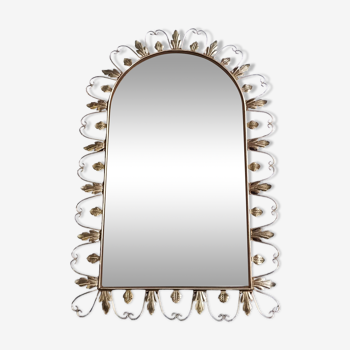 Large arched mirror with acanthus leaves and scrolls in gold metal from deknudt, 1960s