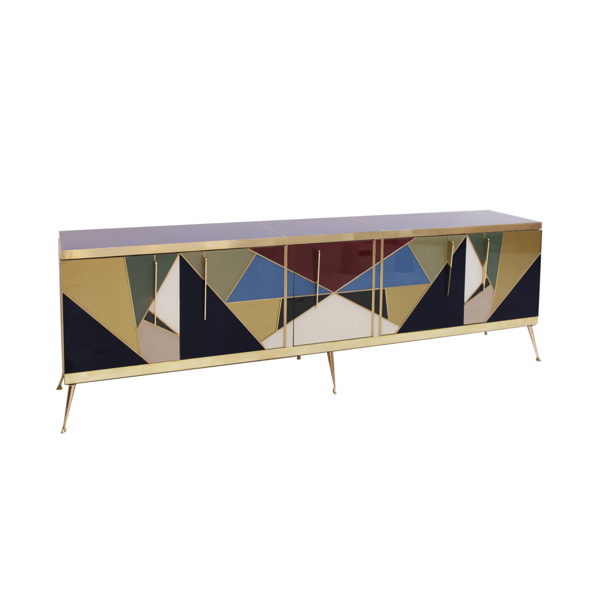 Mid-Century Modern Style Italian Sideboard Made of Wood Brass and Colored G