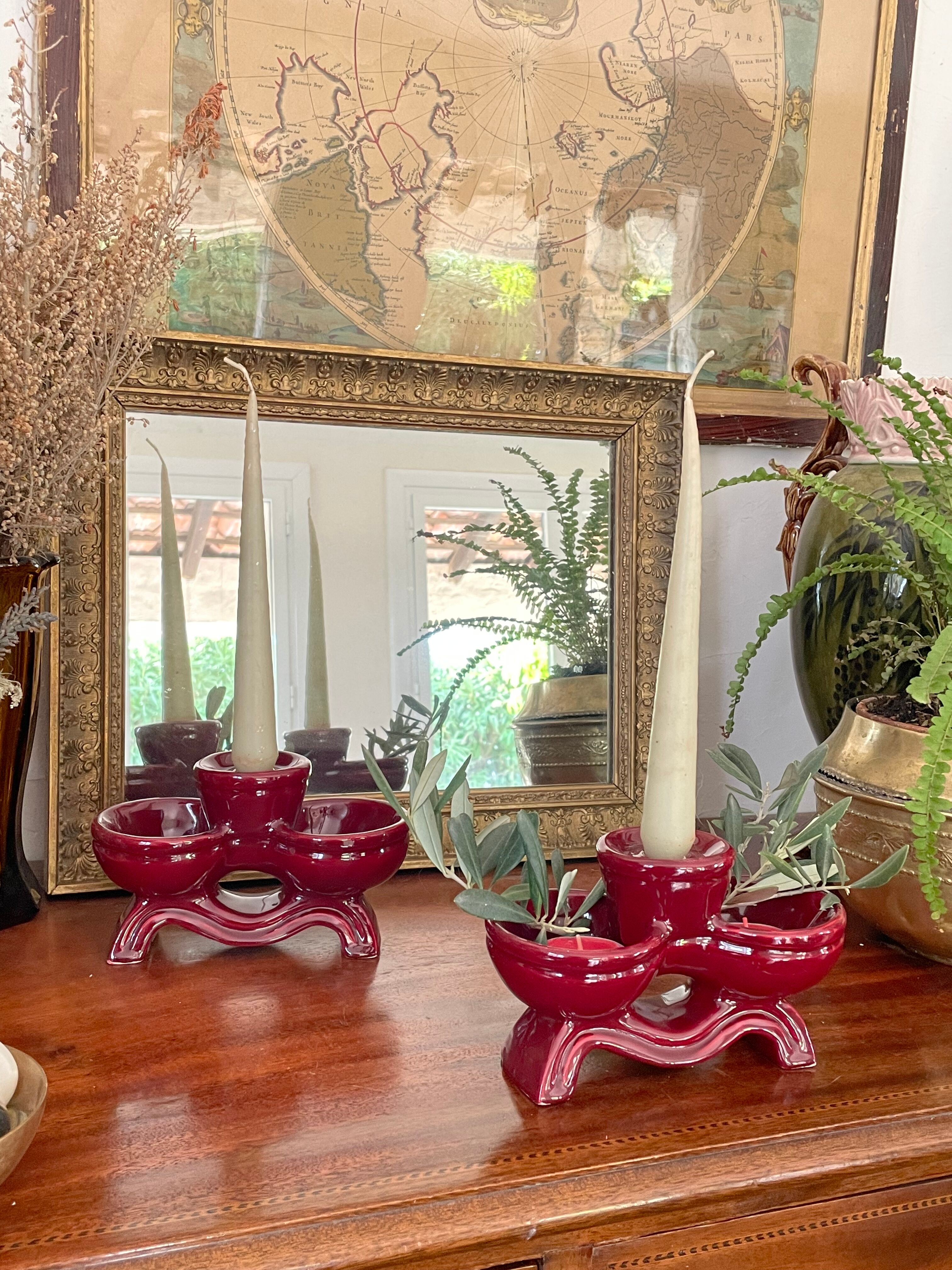 Pair of vintage glazed ceramic candle holders