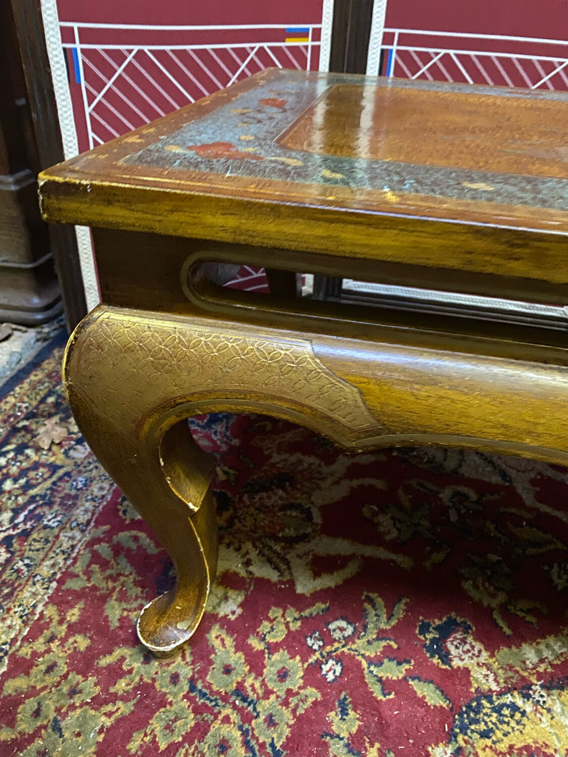 Chinese, Asian wooden coffee table nature peacock scene