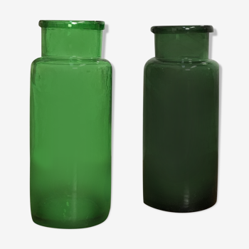 Green bubbled glass jars.
