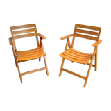 Pair of folding armchairs in varnished wood signed Clairitex