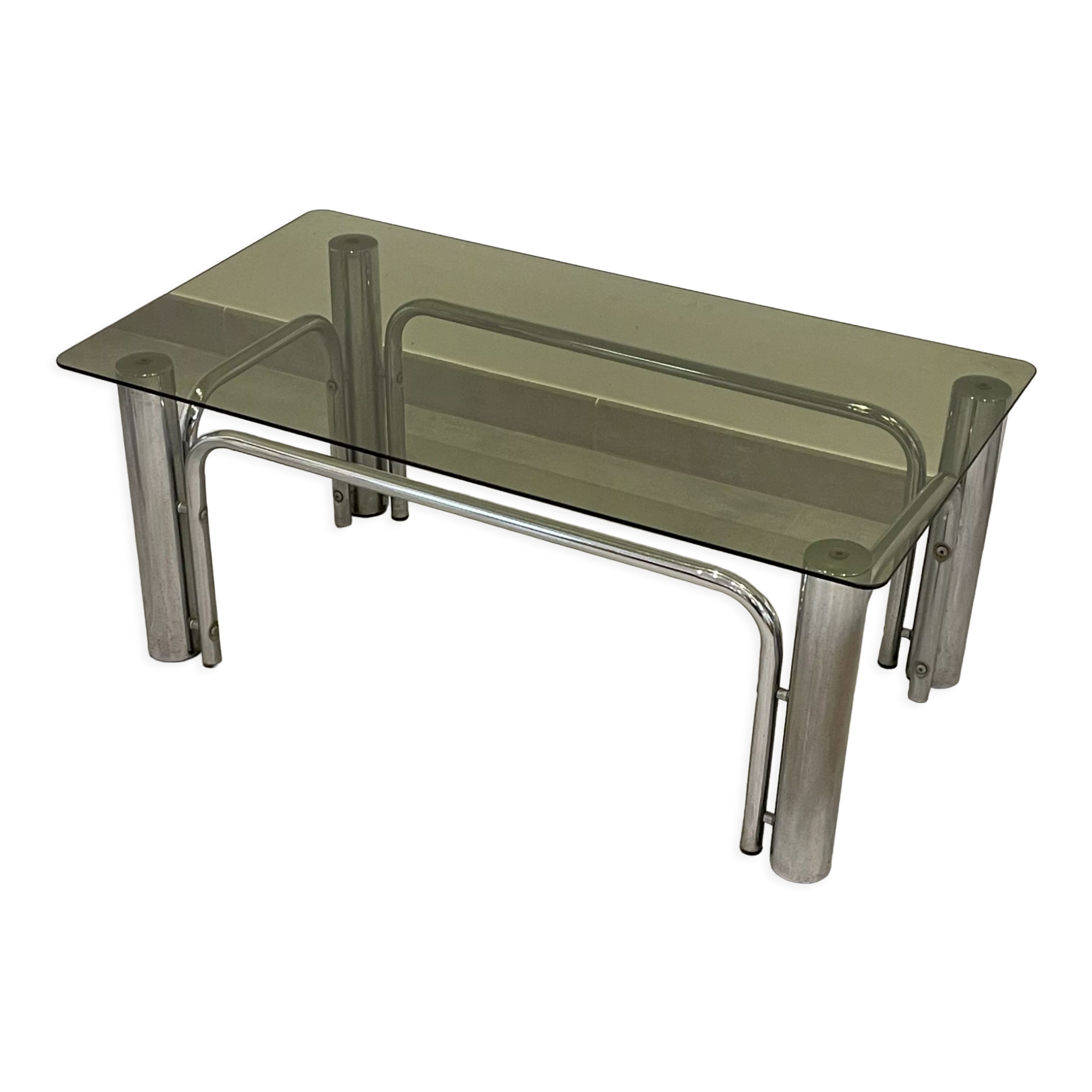 Table basse inox et verre fumé design 1970/80