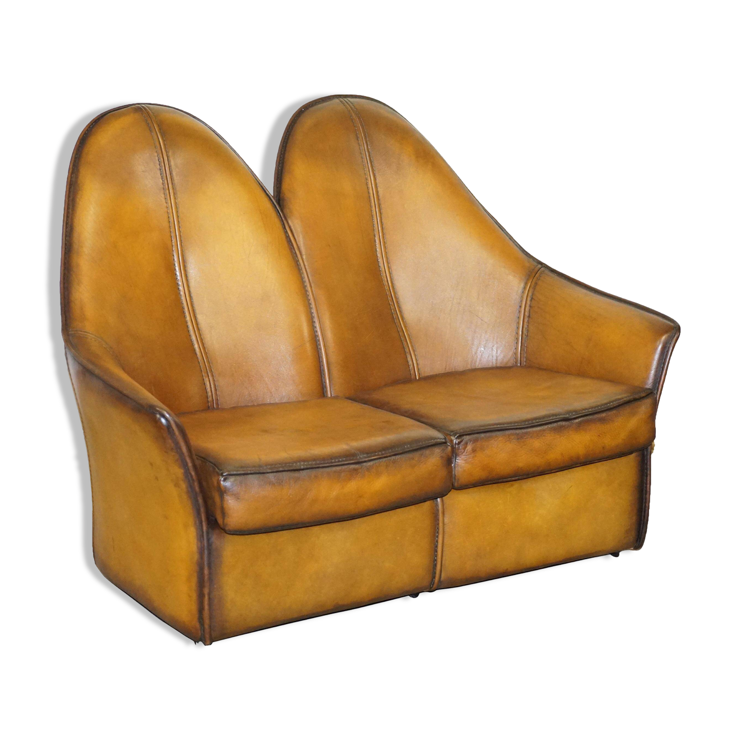 Modern Art leather sofa, restored, two-seater