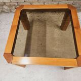Coffee table in wood and smoked glass 1970 vintage