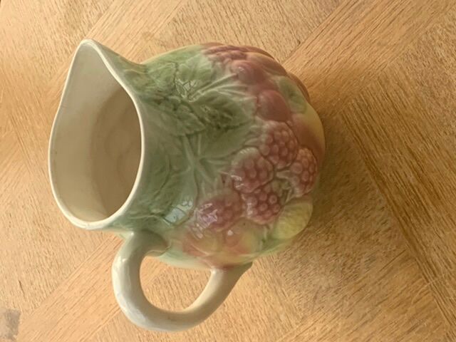 Pitcher, slurry carafe with fruit pattern, vintage glazed ceramic