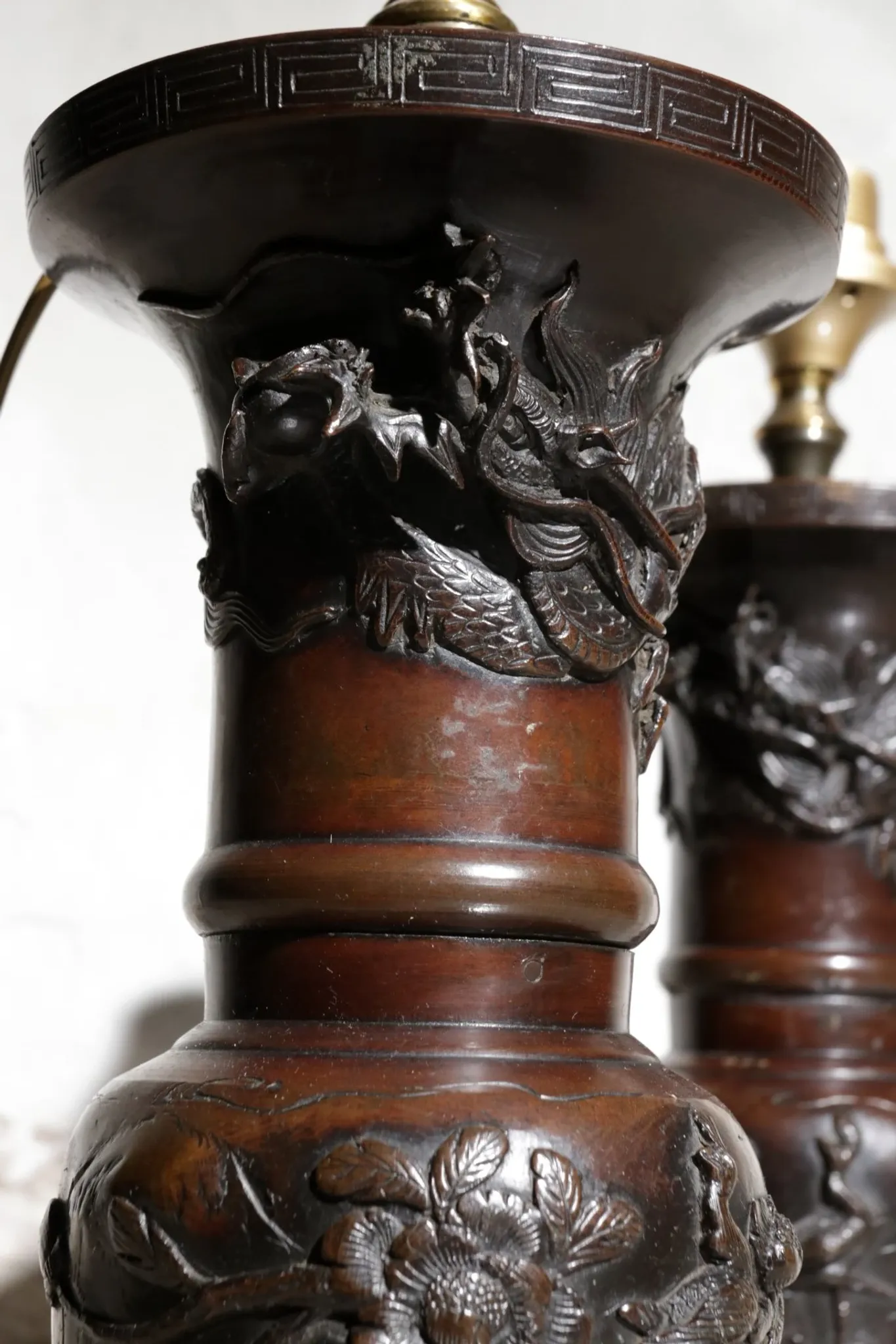 Set of 19th-century Japanese vase lamps with dragons and birds