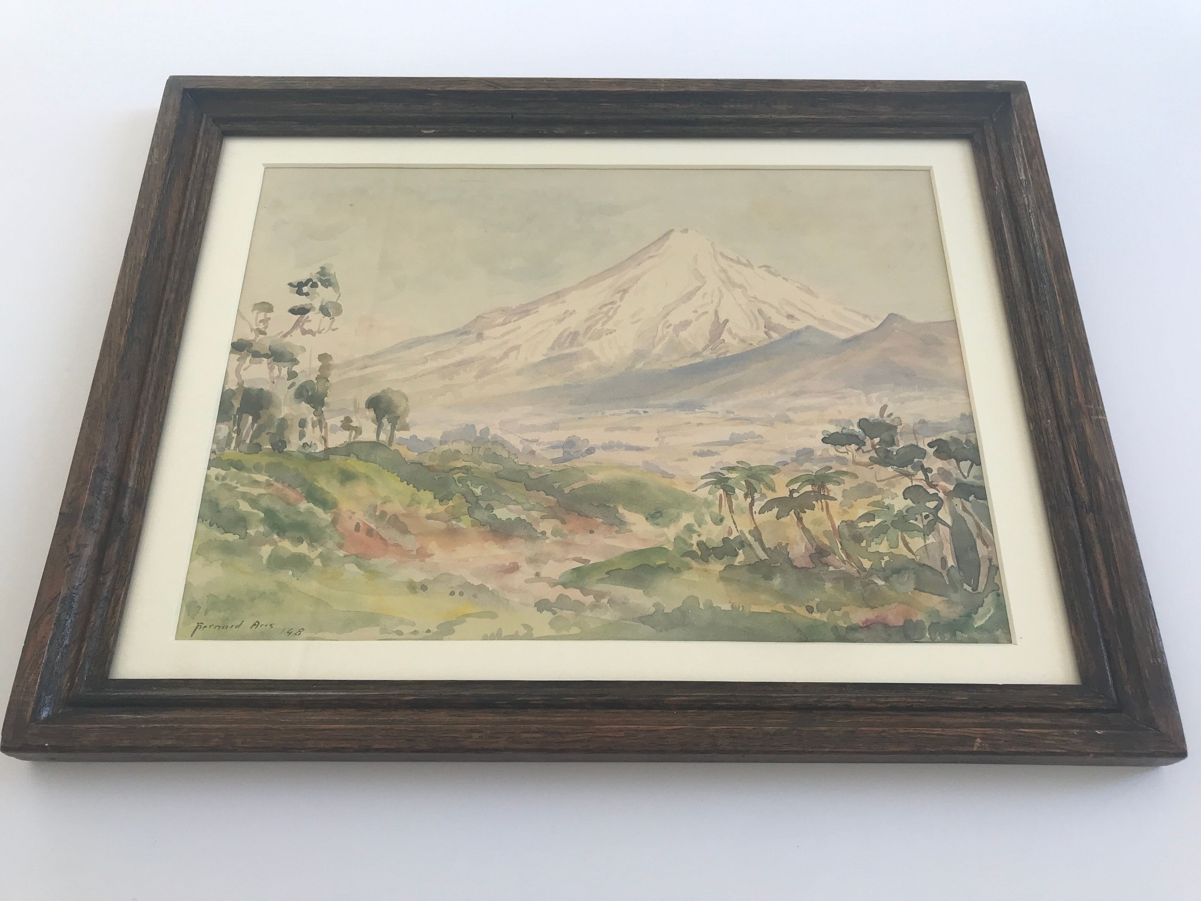Watercolour signed by bernard aris, mount taranaki, new plymouth park, 1948