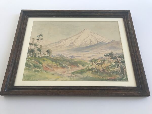 Aquarelle signée de bernard aris, mont taranaki, new plymouth parc, 1948