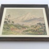 Watercolour signed by bernard aris, mount taranaki, new plymouth park, 1948
