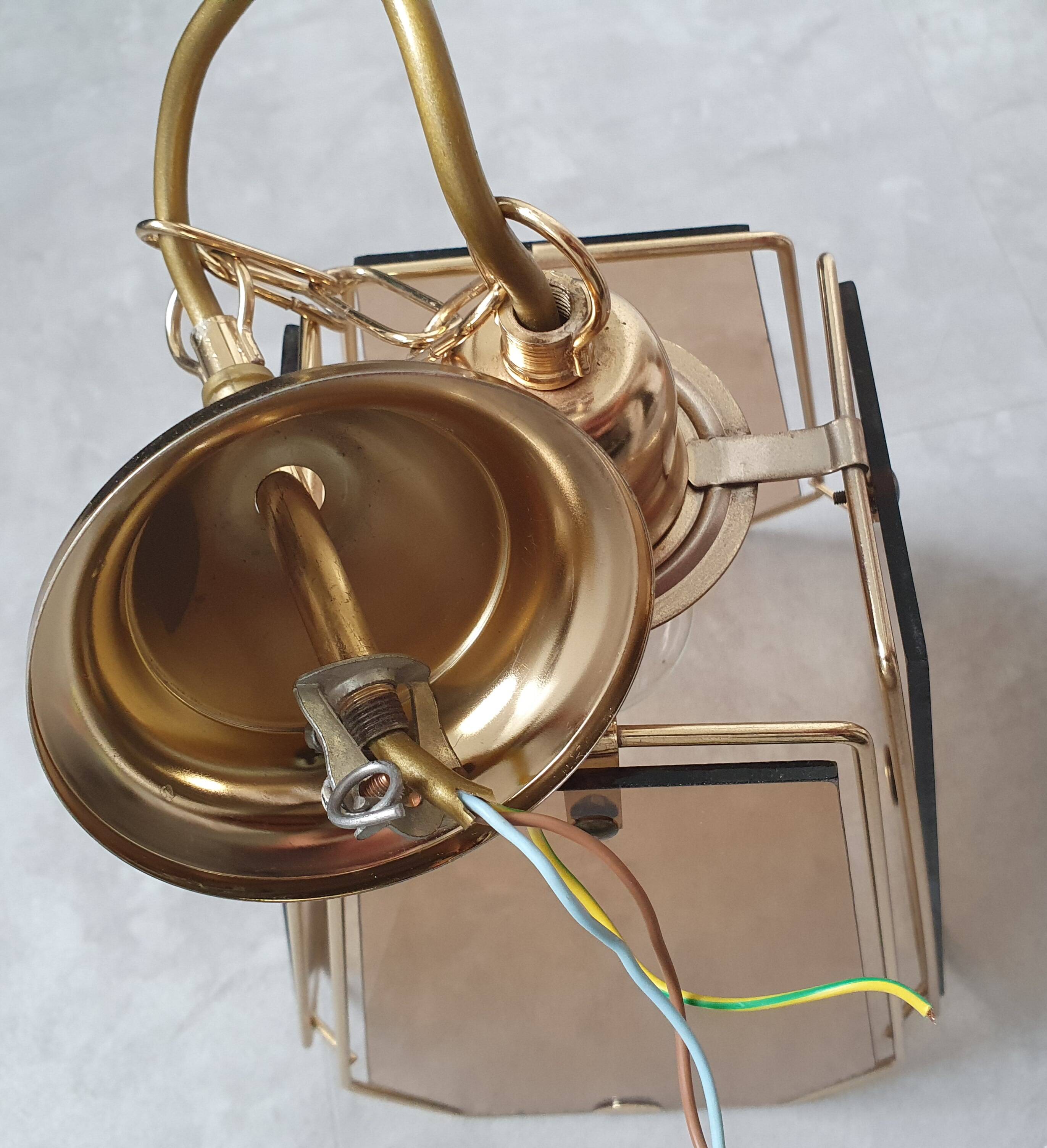 Vintage 70s chandelier in smoked glass and brass