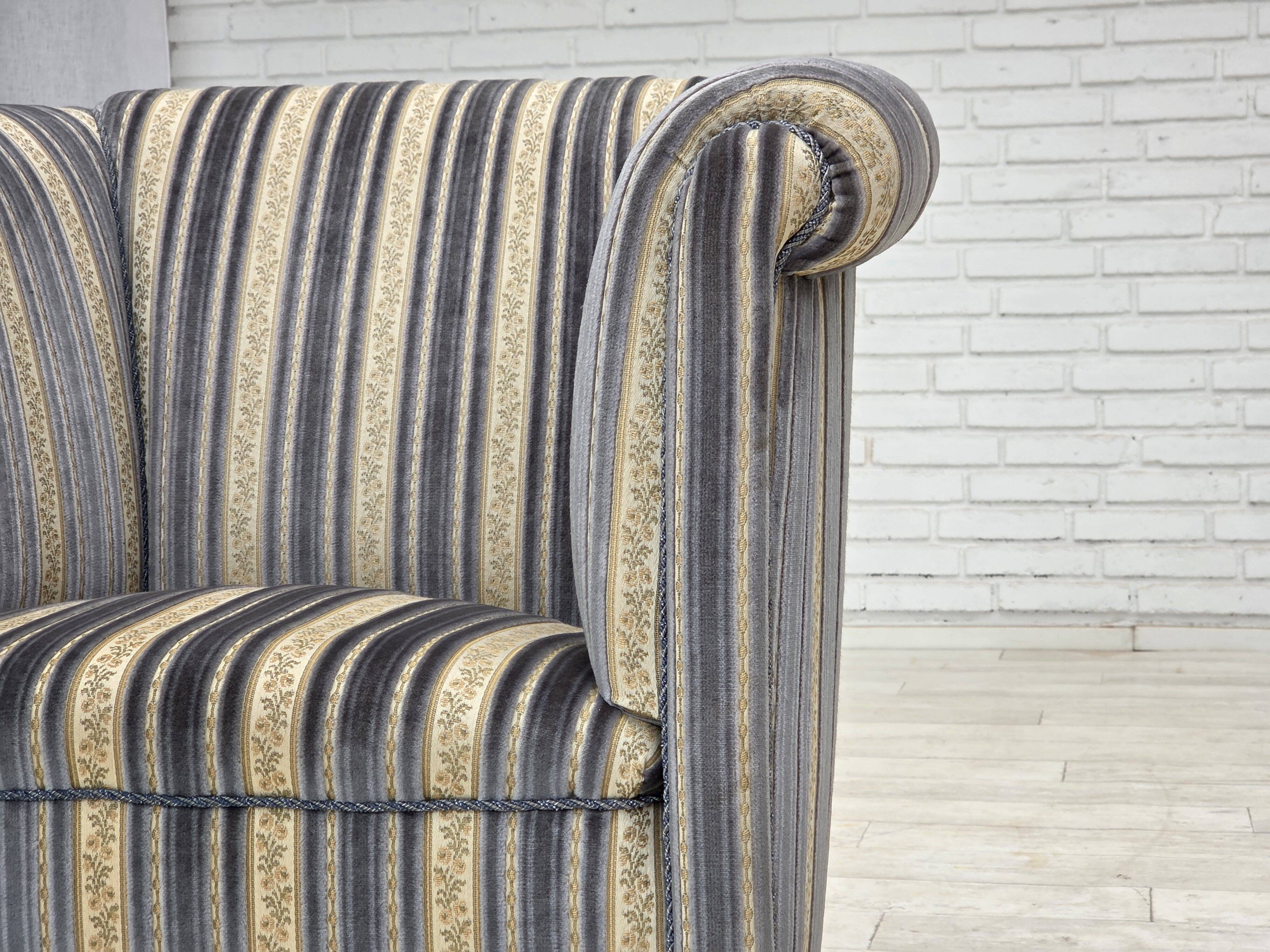 1960s, Danish lounge chair, blue/beige furniture velour, beech wood legs.