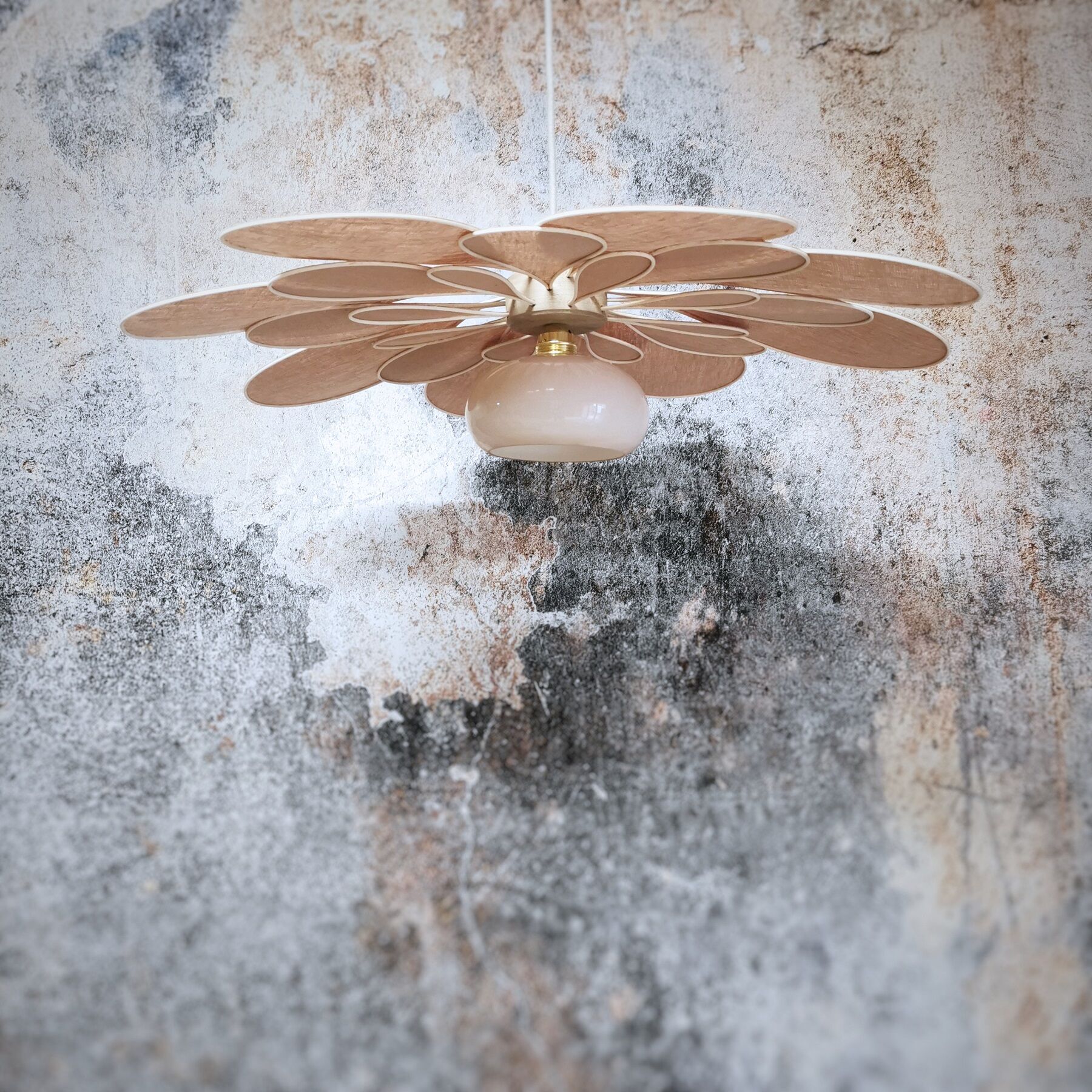Old suspension vintage globe and petals in linen and rattan