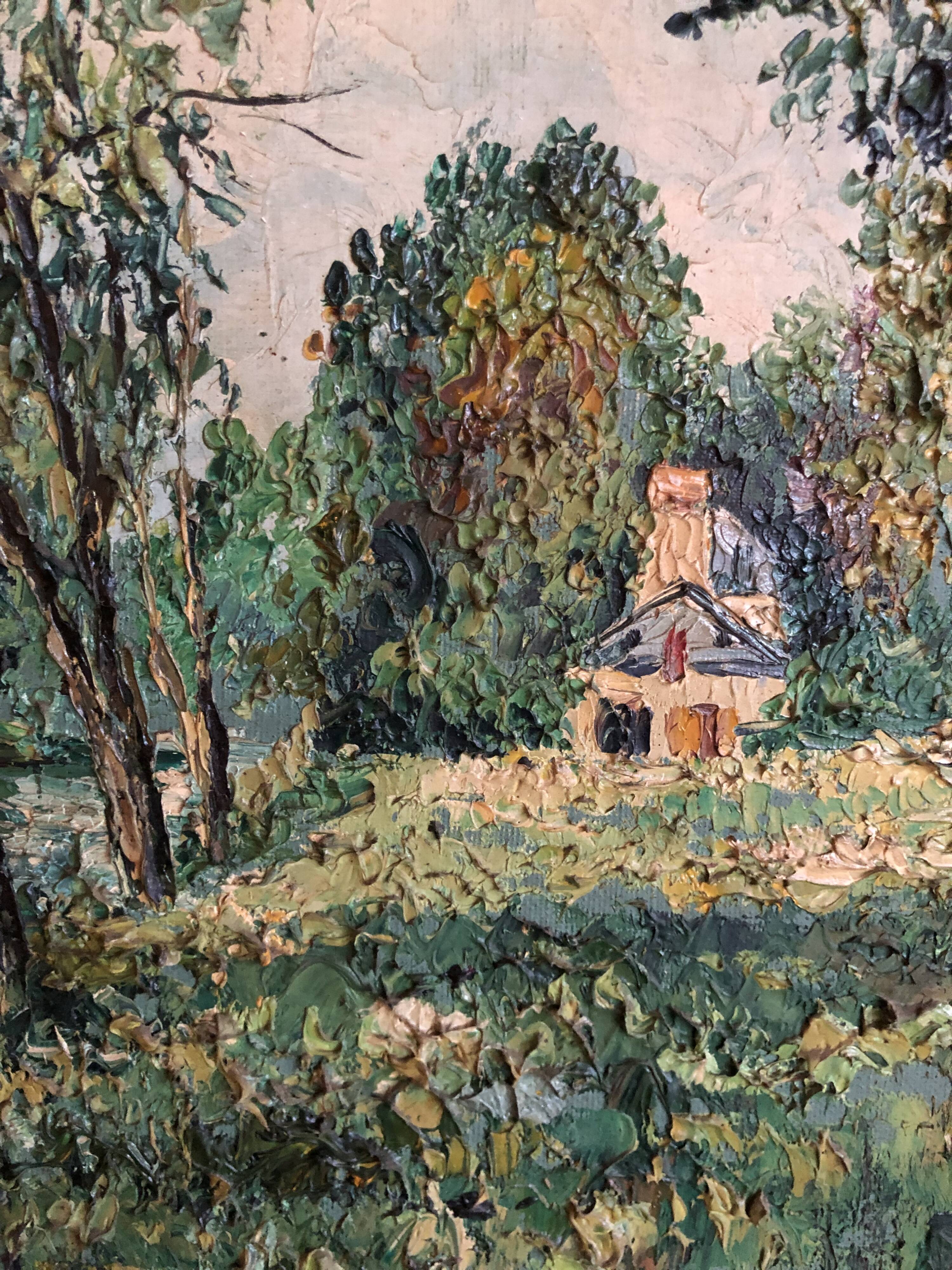 Oil on canvas House by the water