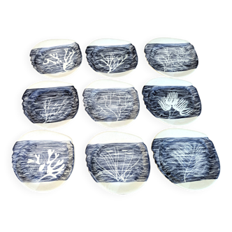 9 different enameled lava plates, 50s/60s signed gd orlat
