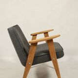 Fauteuil du milieu du siècle, revêtement en laine grise, bois de chêne, chaise longue de Style Vintage après rénovation