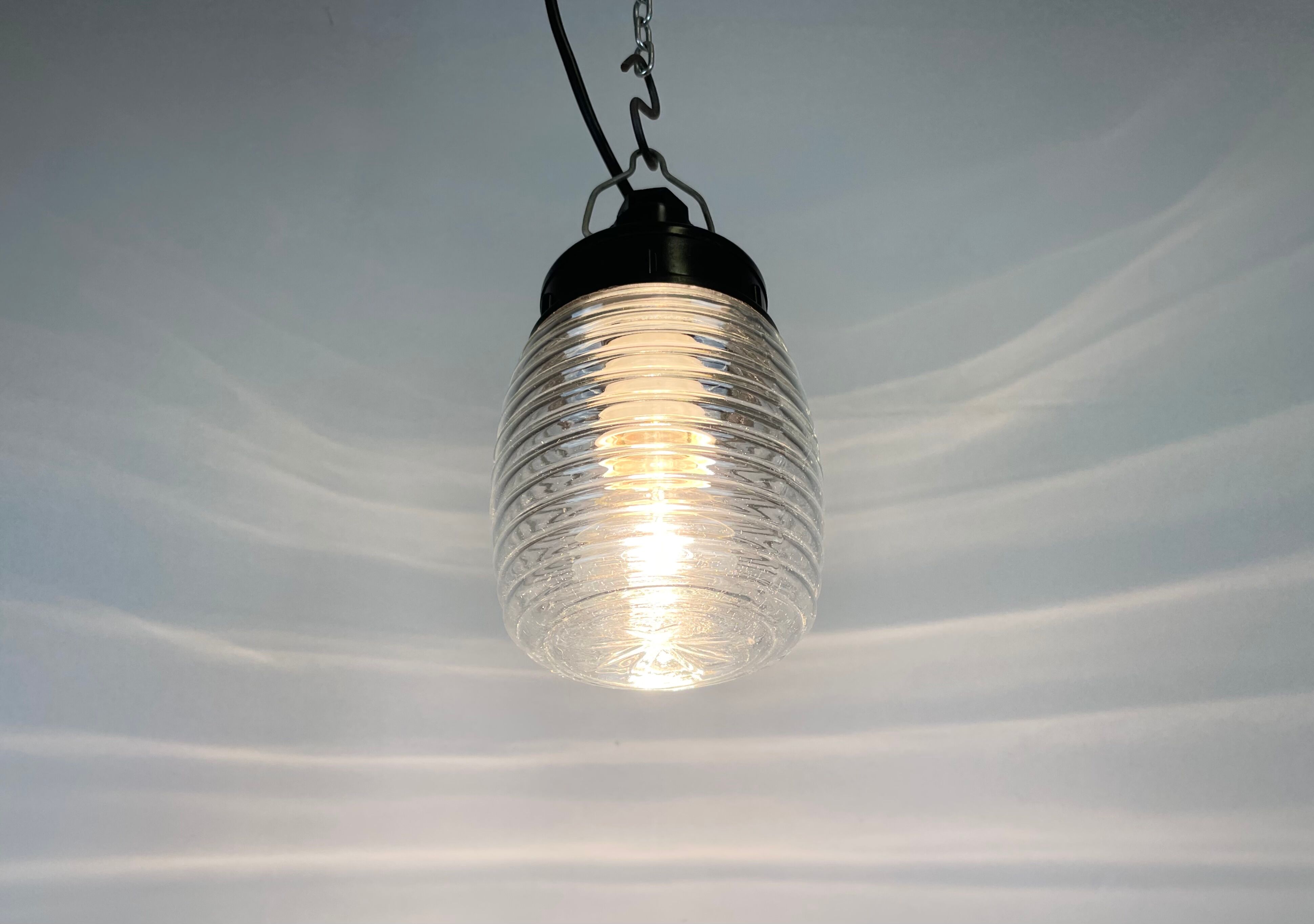 Industrial Bakelite Pendant Light with Ribbed Glass, 1970s