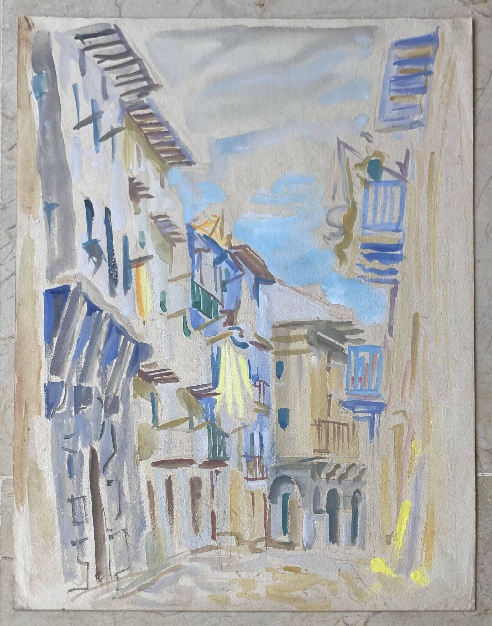 Gouache depicting a southern urban landscape with an arcaded street