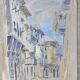 Gouache depicting a southern urban landscape with an arcaded street