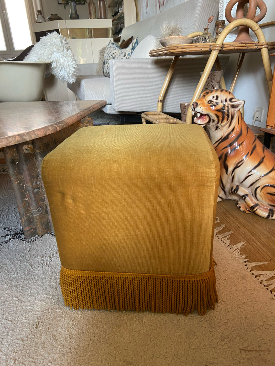 Pair of vintage fringed velvet poufs