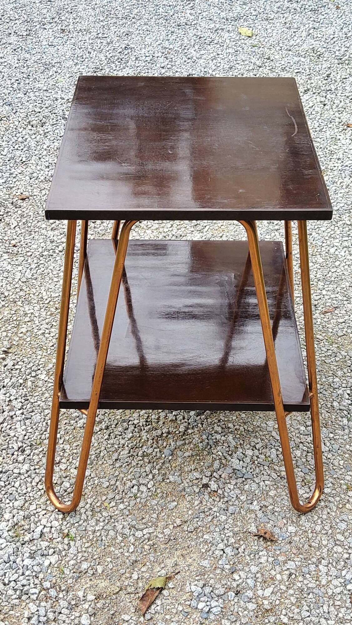 Vintage double wooden side table with copper base from the 50s