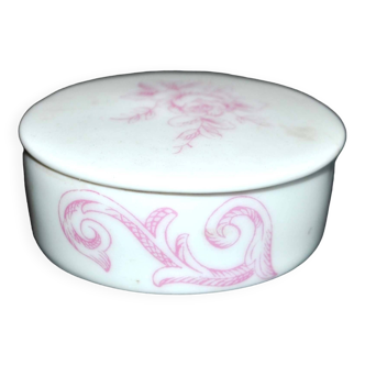Boite ronde en porcelaine de Paris - Pilulier petite bonbonnière à décor de fleurs rose