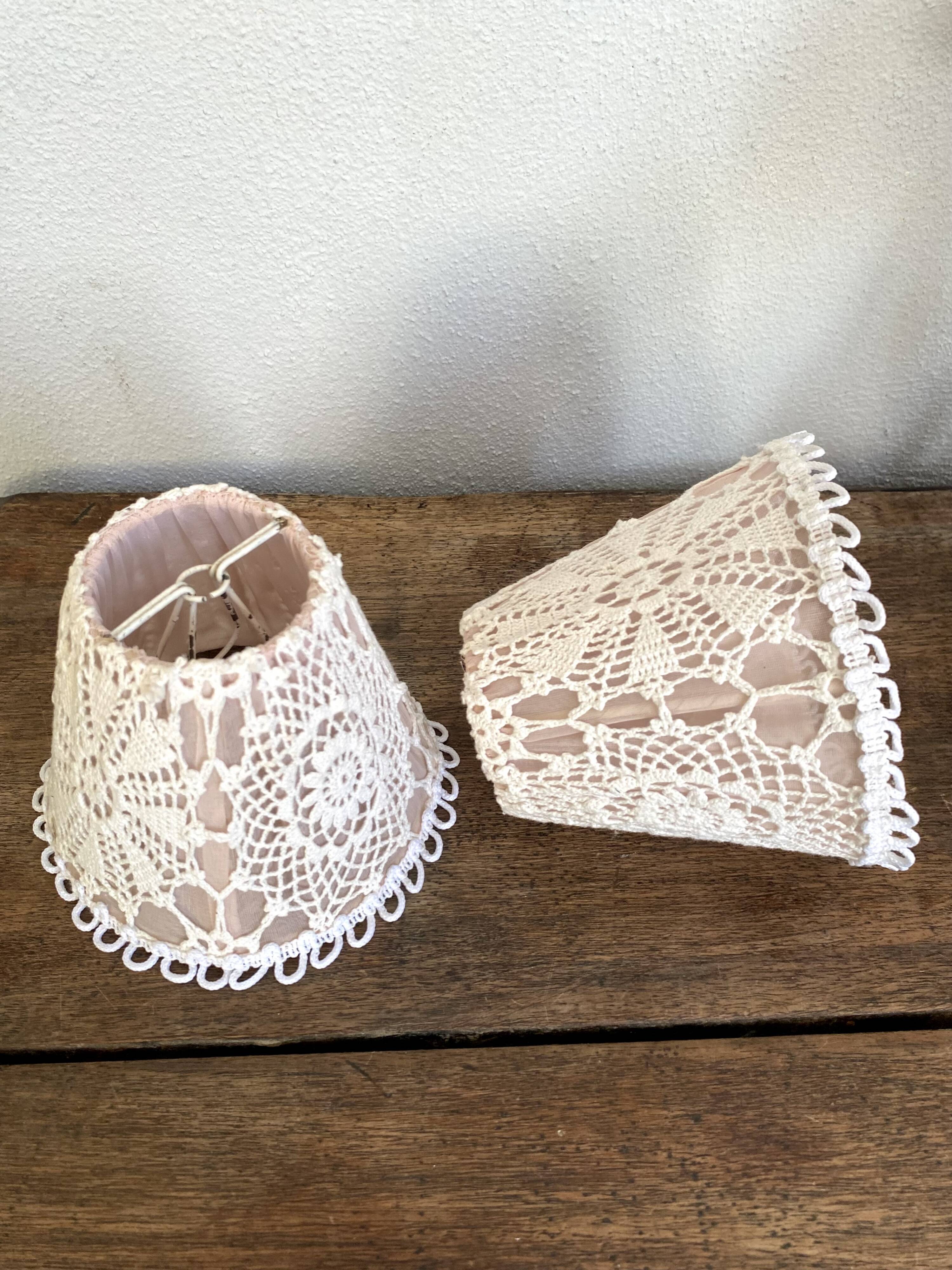 Duo of fishnet and cotton crochet lampshades, 1960s