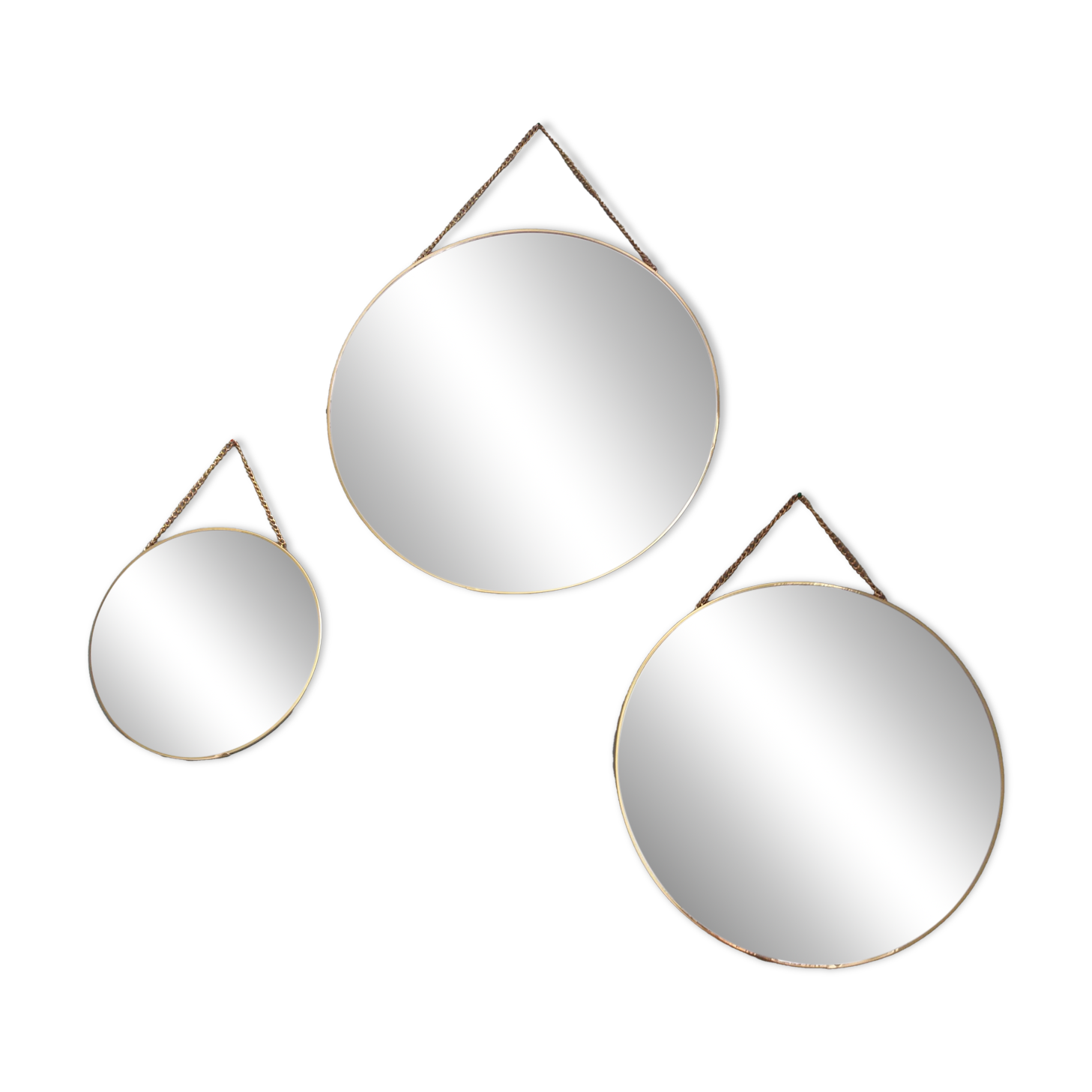 3 miroirs ronds métal doré, diametre 35, 30 et 20 cm