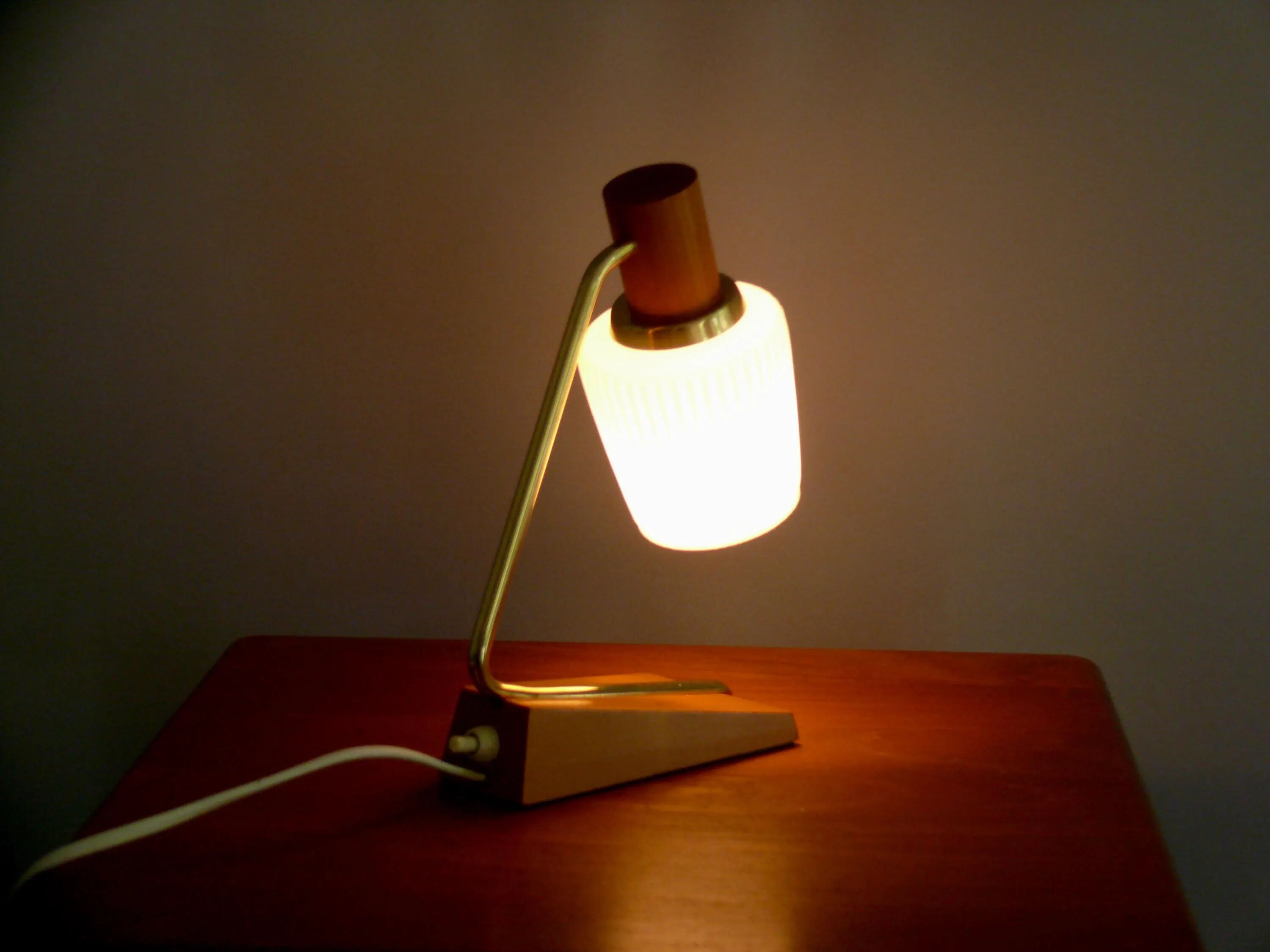 Temde bedside lamp - brass, wood - table lamp with opal glass shade - 1960s, vintage style