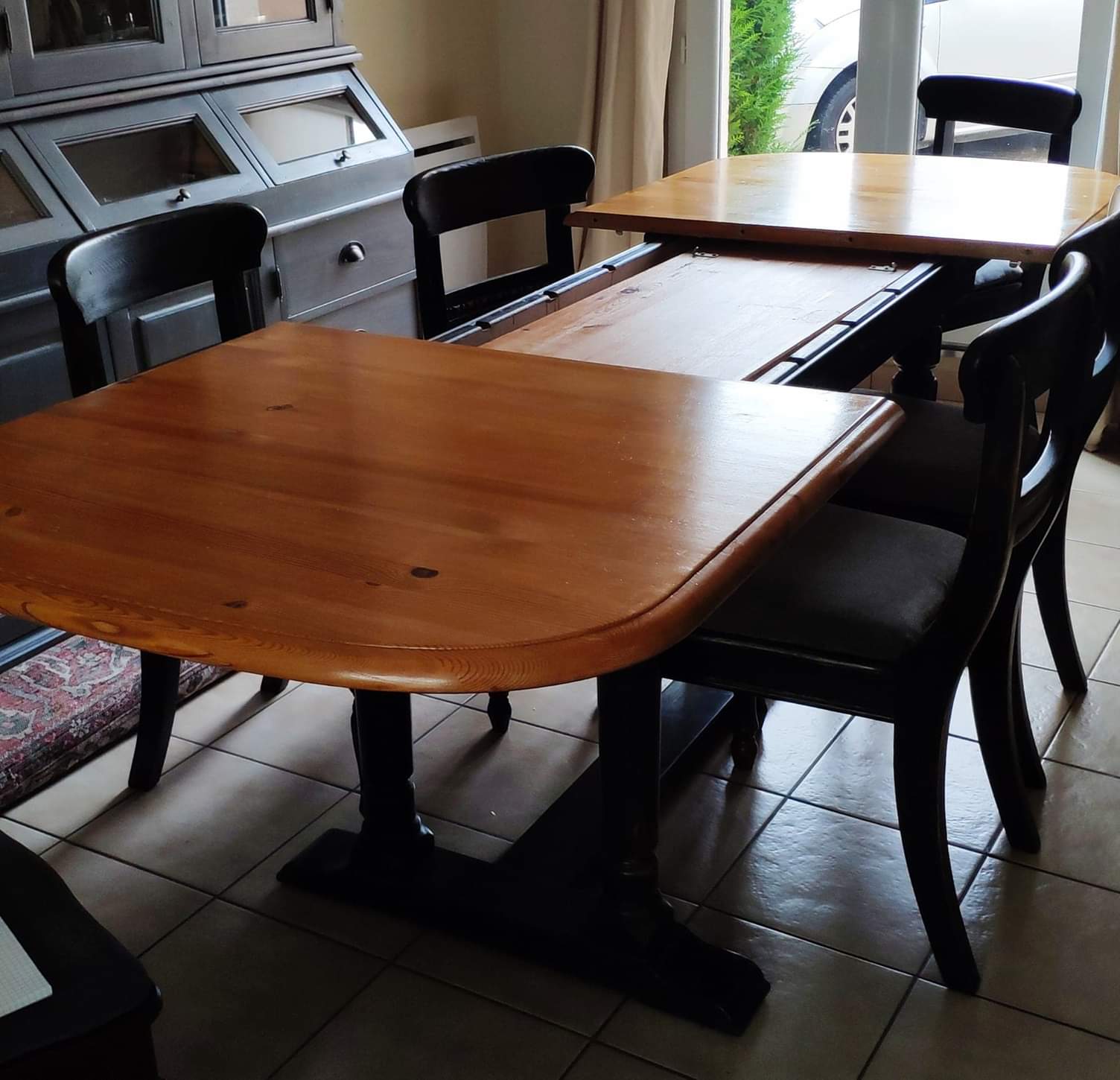 Table set and 6 solid pine chairs repainted and patinated black