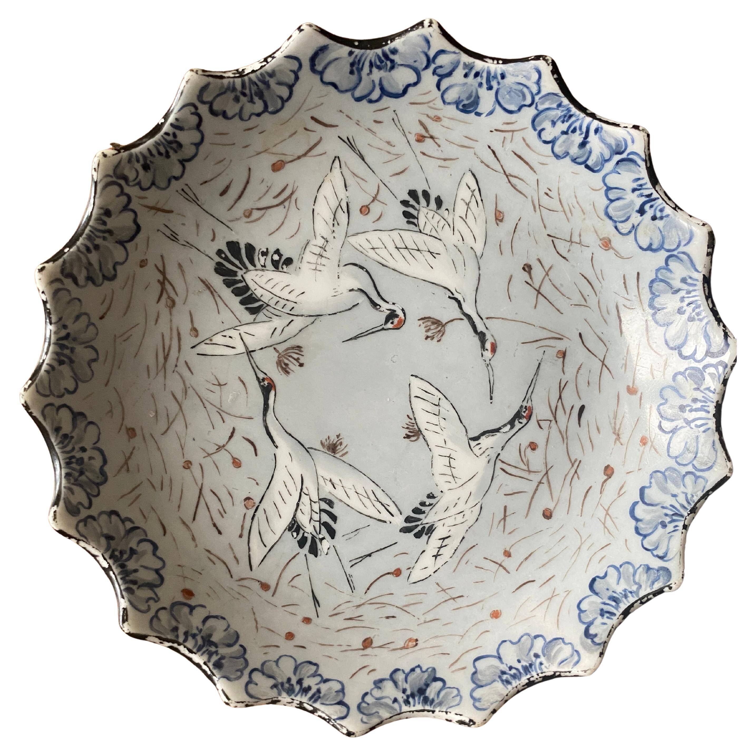 Japanese Meiji Period Light Blue Porcelain Dish with Cranes