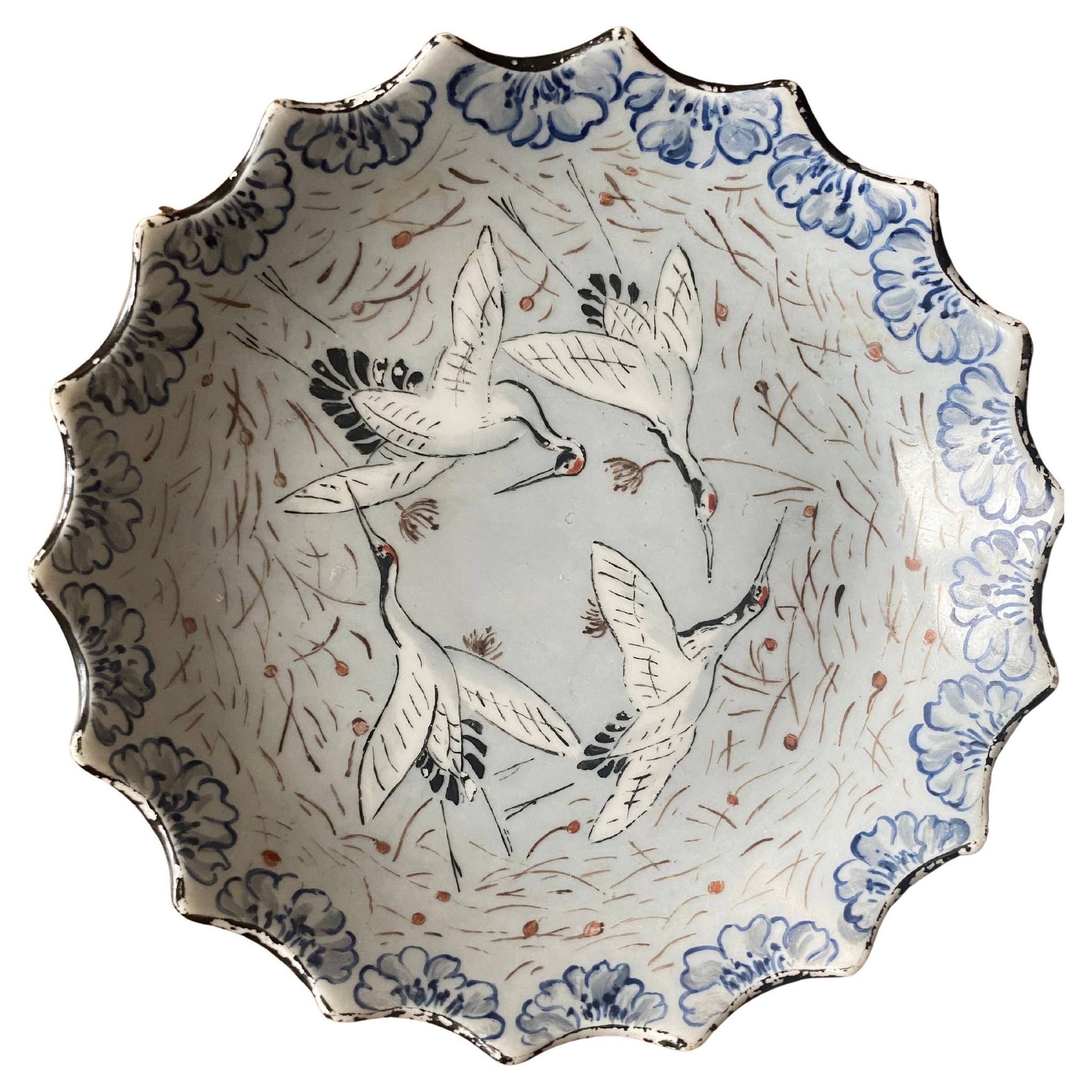 Japanese Meiji Period Light Blue Porcelain Dish with Cranes