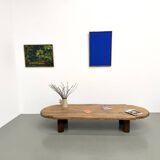 XXL oval coffee table in solid oak, cylindrical base, 1950s.