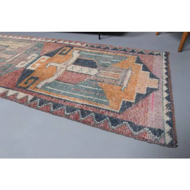 Vintage Turkish Oushak Handmade Wool Cotton Pink Runner Rug 97x323