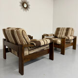 2 vintage 1970s wooden and fabric armchairs