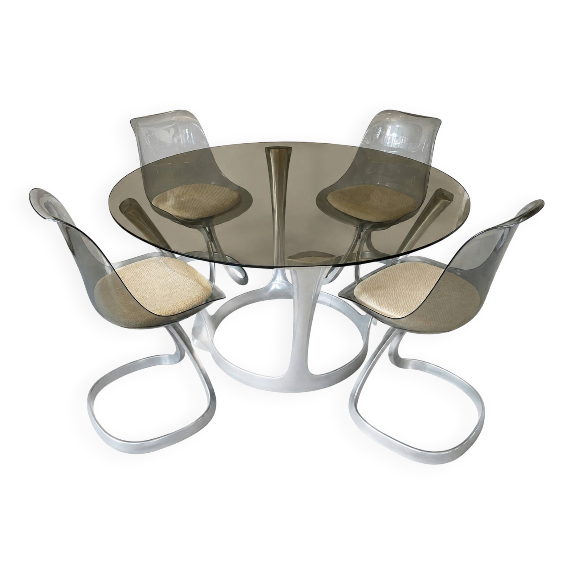 Ensemble Michel Charron–années 70–table en verre fumé & 4 chaises