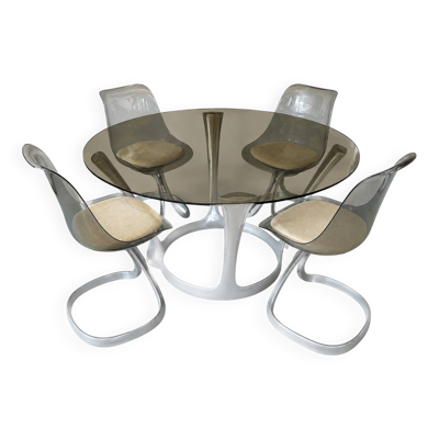 Ensemble Michel Charron–années 70–table en verre fumé & 4 chaises