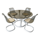 Ensemble Michel Charron–années 70–table en verre fumé & 4 chaises