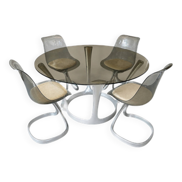 Michel Charron set – 1970s – smoked glass table & 4 chairs