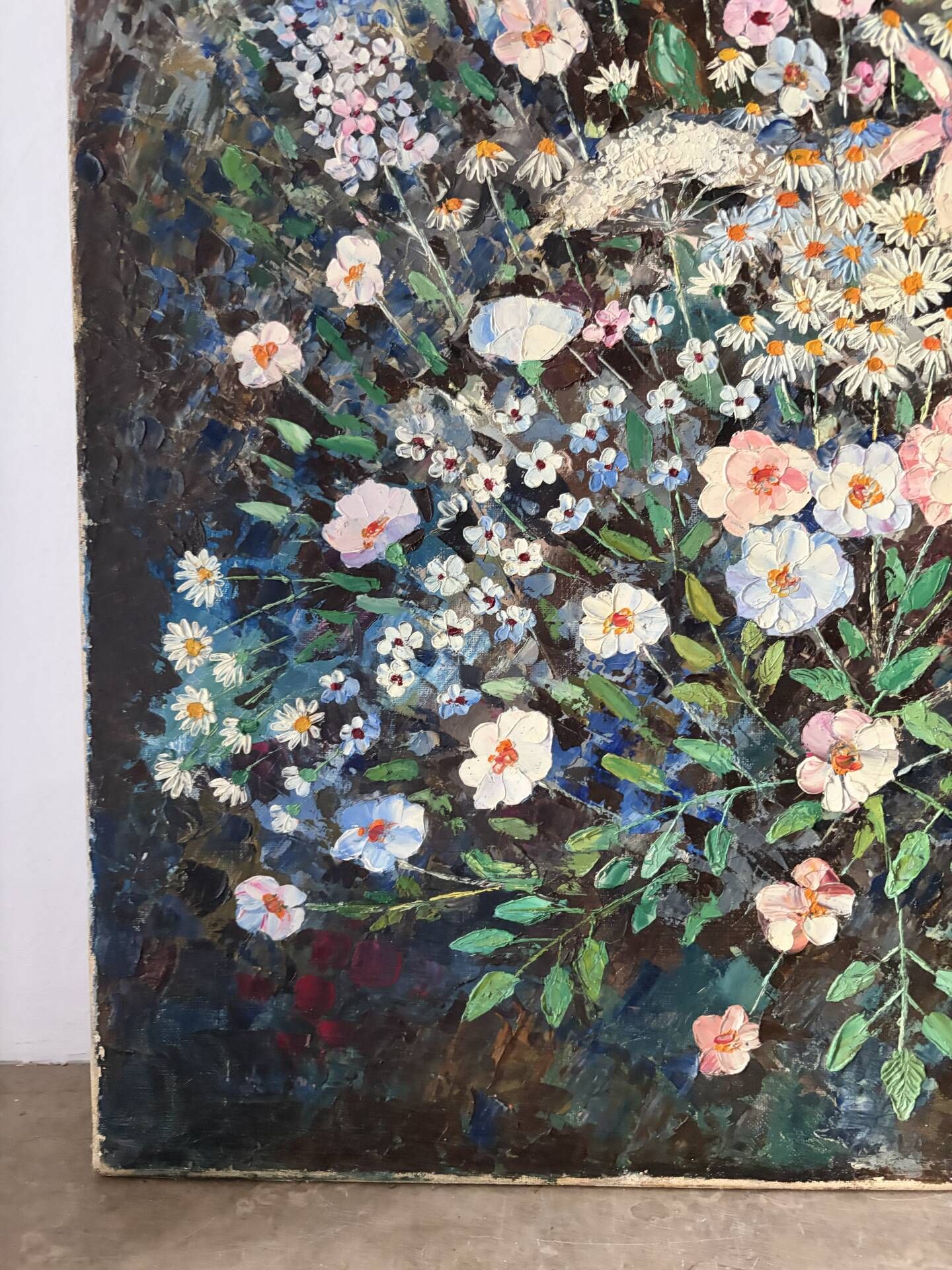 Wildflower bouquet with foxgloves, knife oil painting signed H Barro.