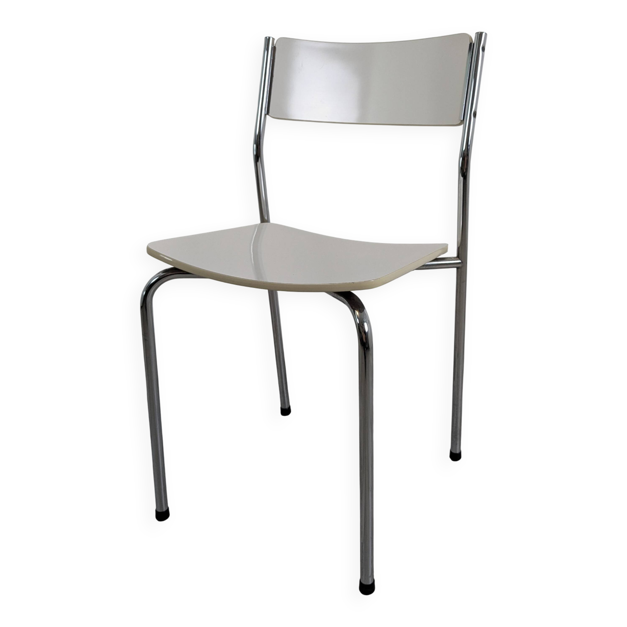Modernist chair in chrome metal and white laminate, 1960s style.