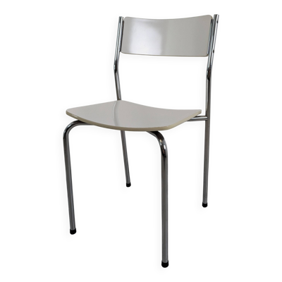 Chaise moderniste en métal chromé et stratifié blanc, esprit années 60