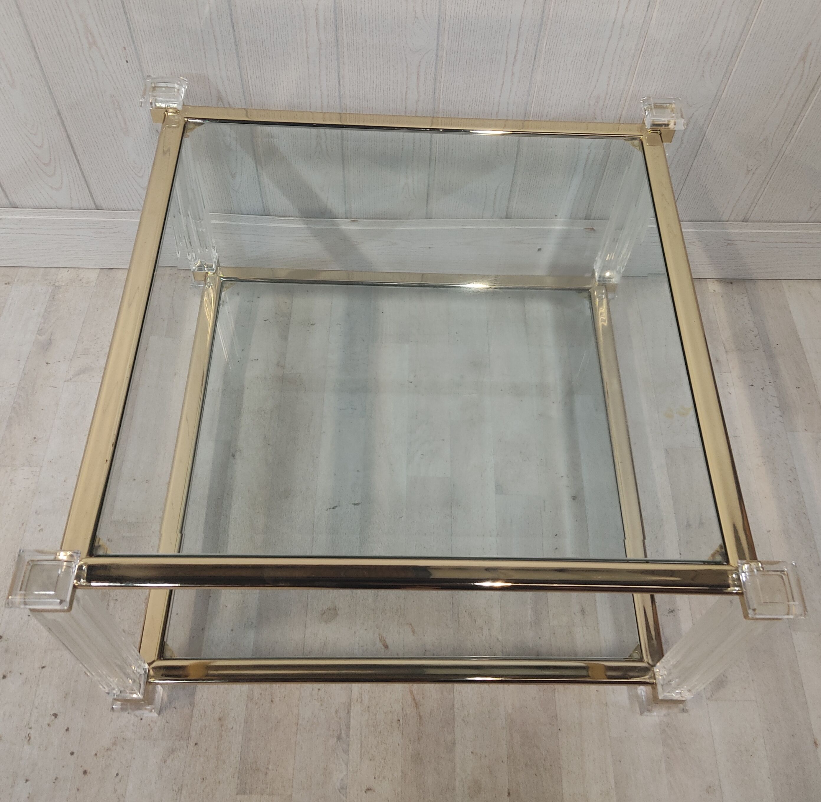 Brass coffee table, beveled glass and altuglas