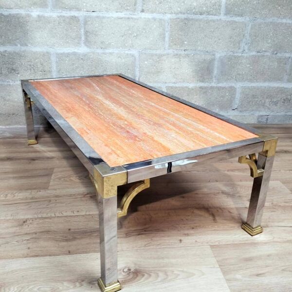 Table basse vintage acier chromé et laiton plateau en marbre Italie vers 1970